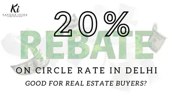 A promotional banner announcing a 20% rebate on circle rate in Delhi.